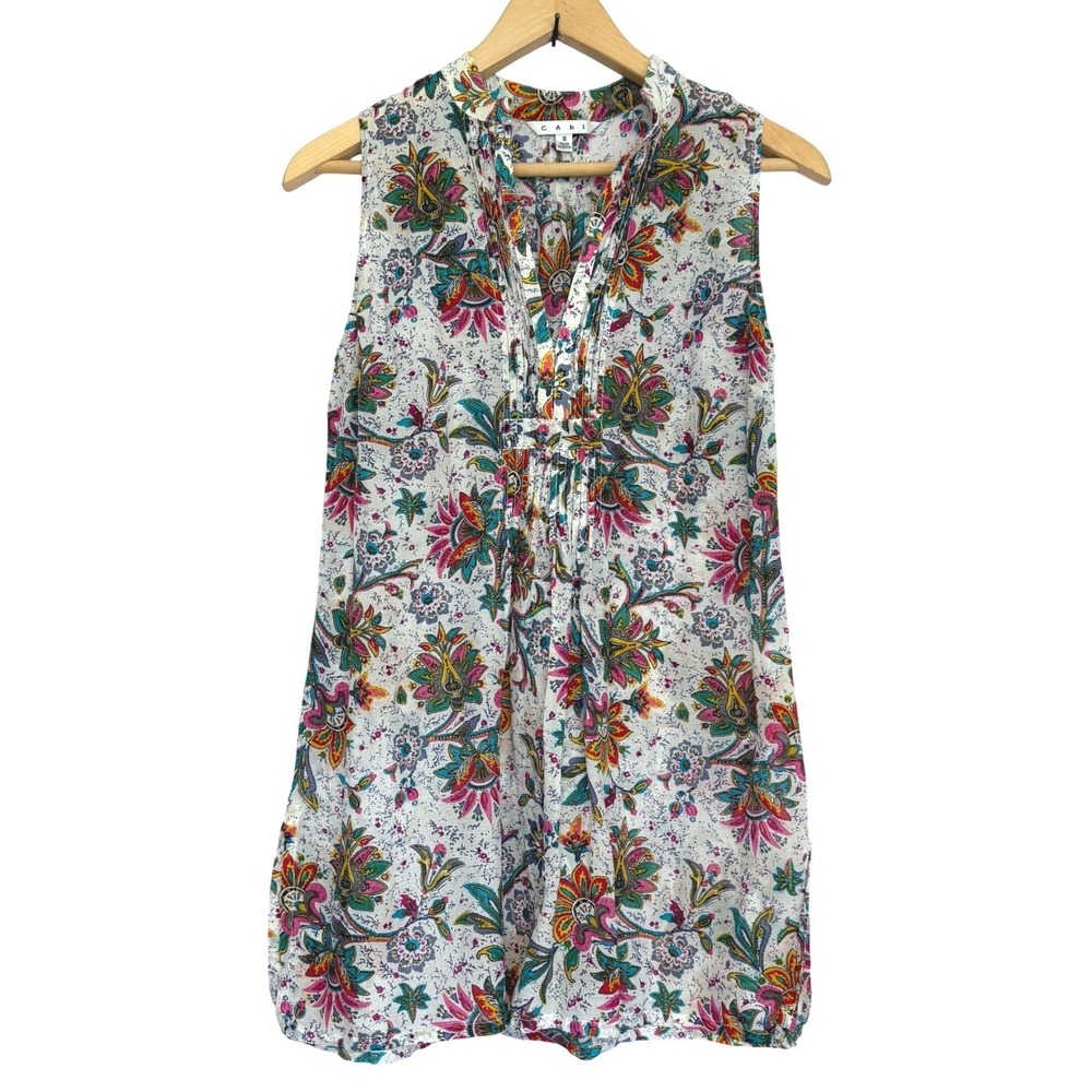 Cabi Pintuck Blouse Womens S Floral Paisley V-Neck Sleeveless Tunic Lightweight